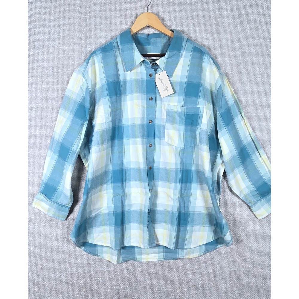Universal Thread Womens 2X Blue Plaid‎ Oversized Flannel Cotton Shirt plus size